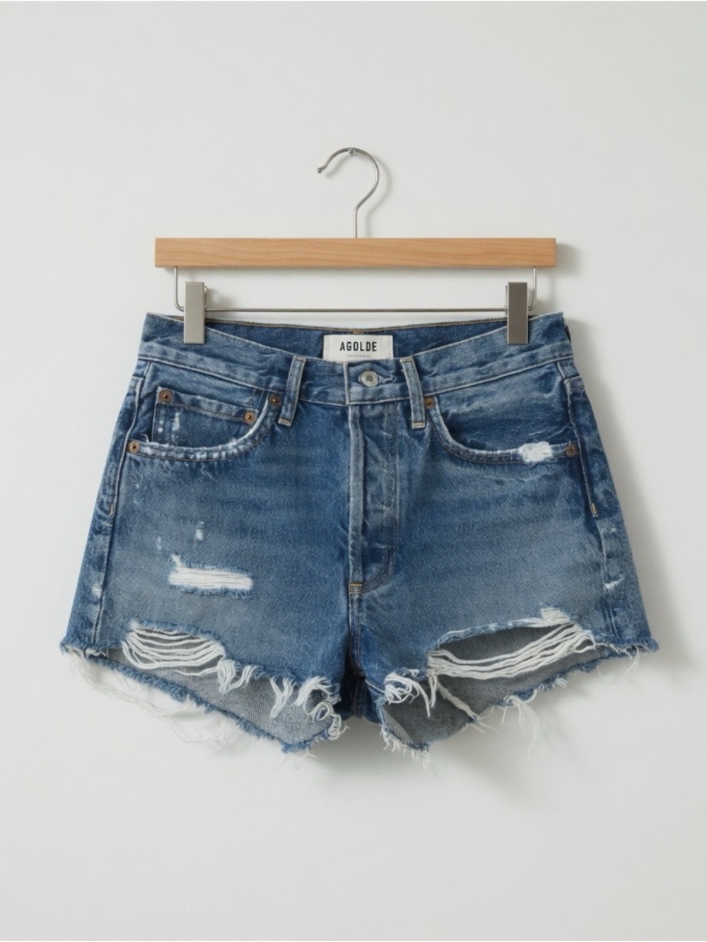 Agolde Parker Distressed Medium Blue Denim Button Fly High Waist Cutoff Shorts